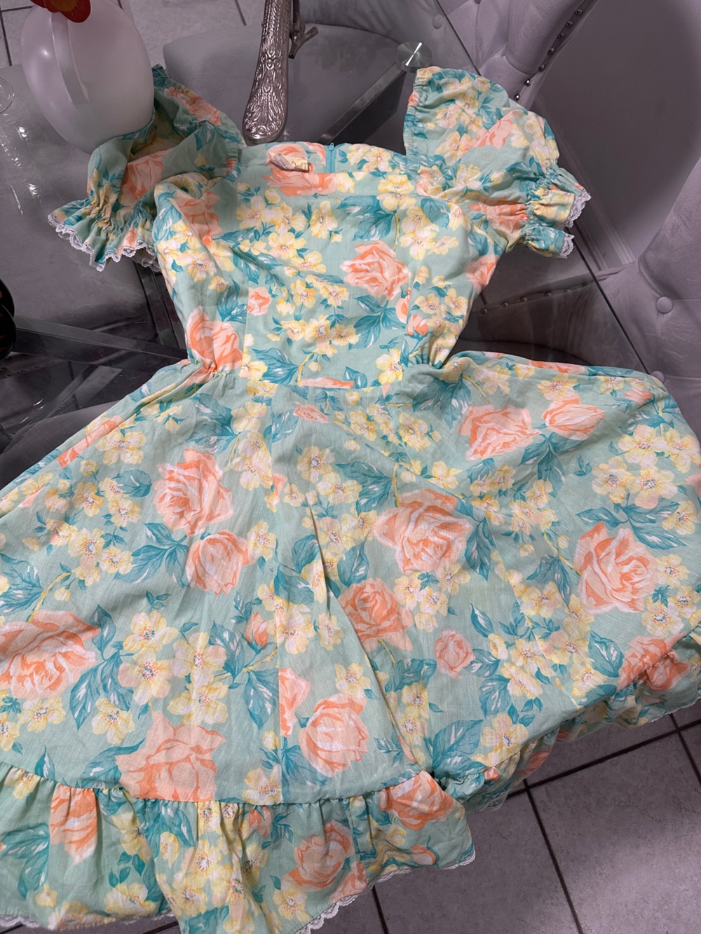 Americana Square dance Floral Puff-Sleeve Dress in Mint women size 10